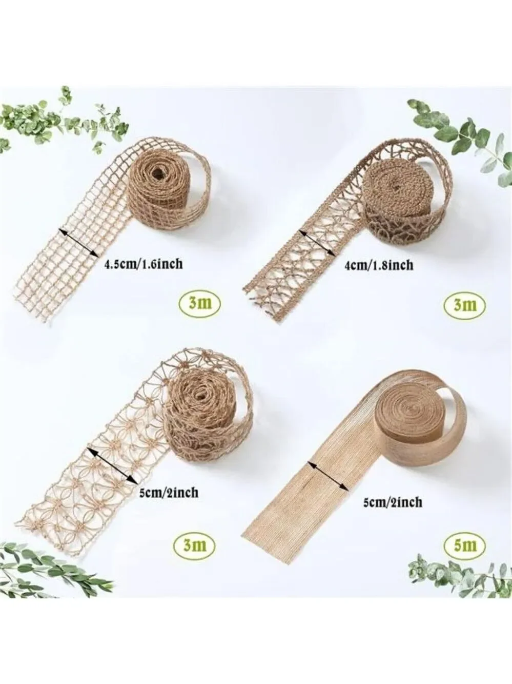 Burlap Ribbon 4 Rolls Natural Jute Lace 2 Inch x 16 Yards for Crafts Wedding Dec